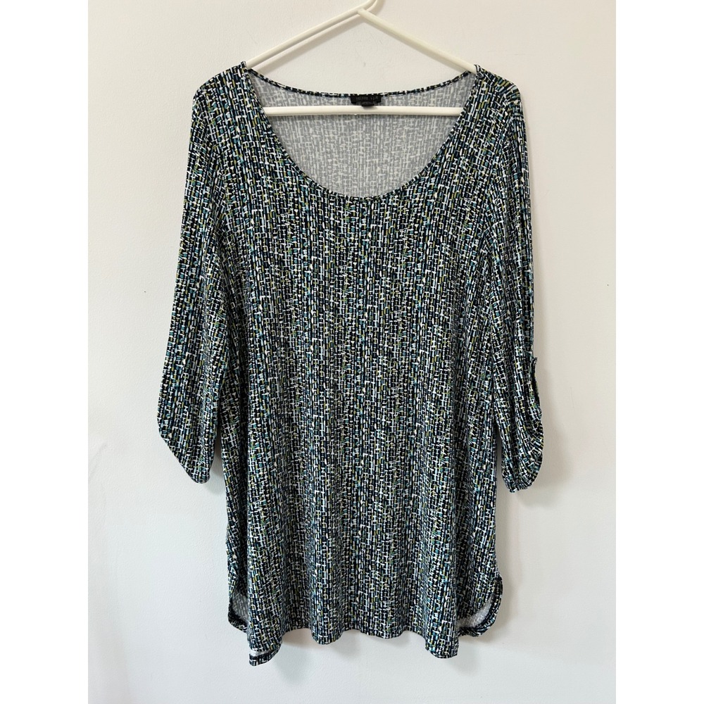 J. Jill Tunic Top Womens XL Blue Geometric Roll Tab Sleeve Mod Stretch